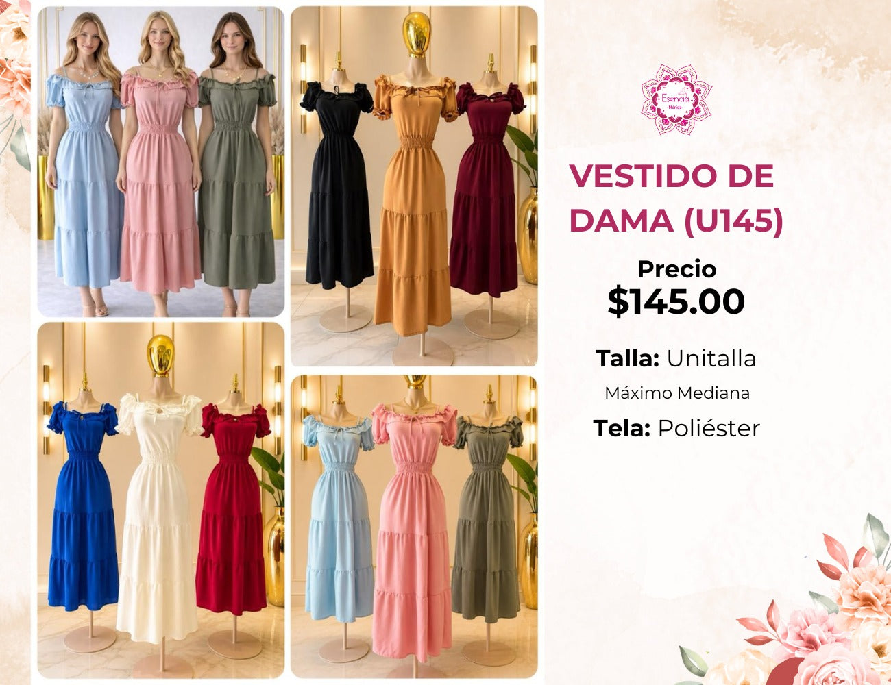 VESTIDO LARGO LISO DE DAMA (U145)