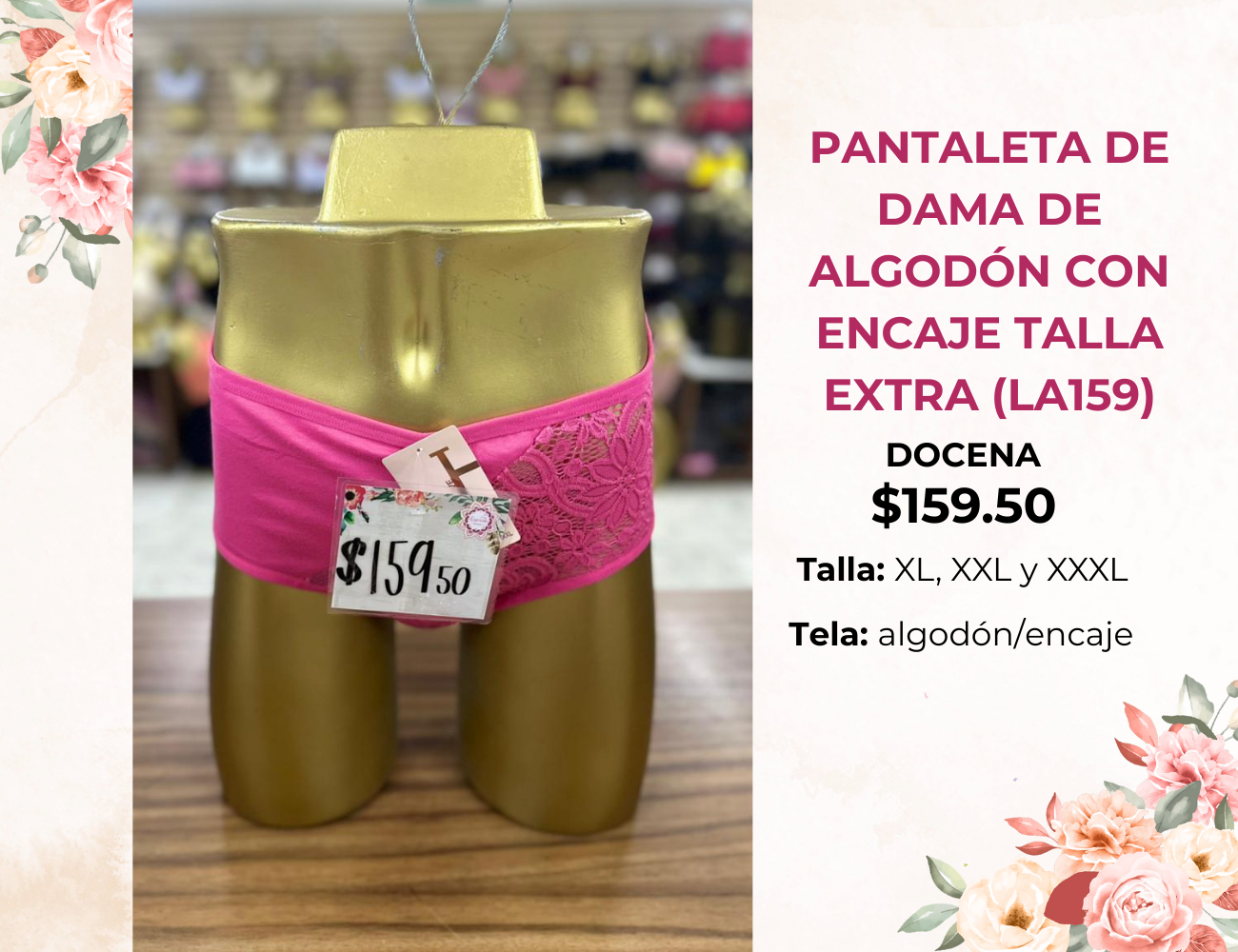 PANTALETA DE DAMA DE ALGODÓN CON ENCAJE TALLA EXTRA (LA159)