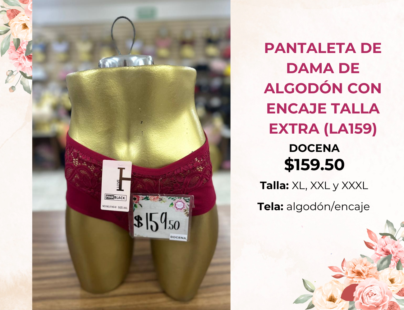 PANTALETA DE DAMA DE ALGODÓN CON ENCAJE TALLA EXTRA (LA159)